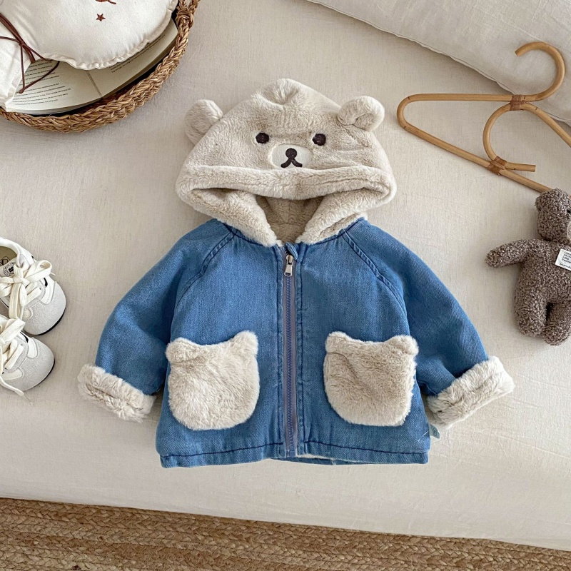 Baby Toddler Bear-Print Patchwork Denim Outerwear
