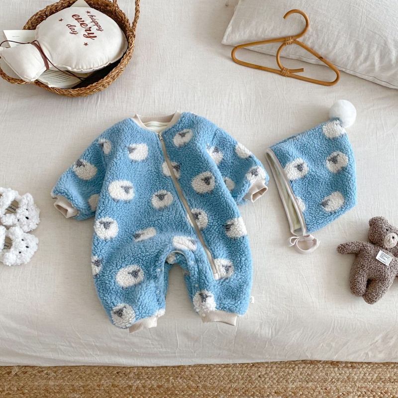 Baby Fleece Print Romper Set (Includes Hat)