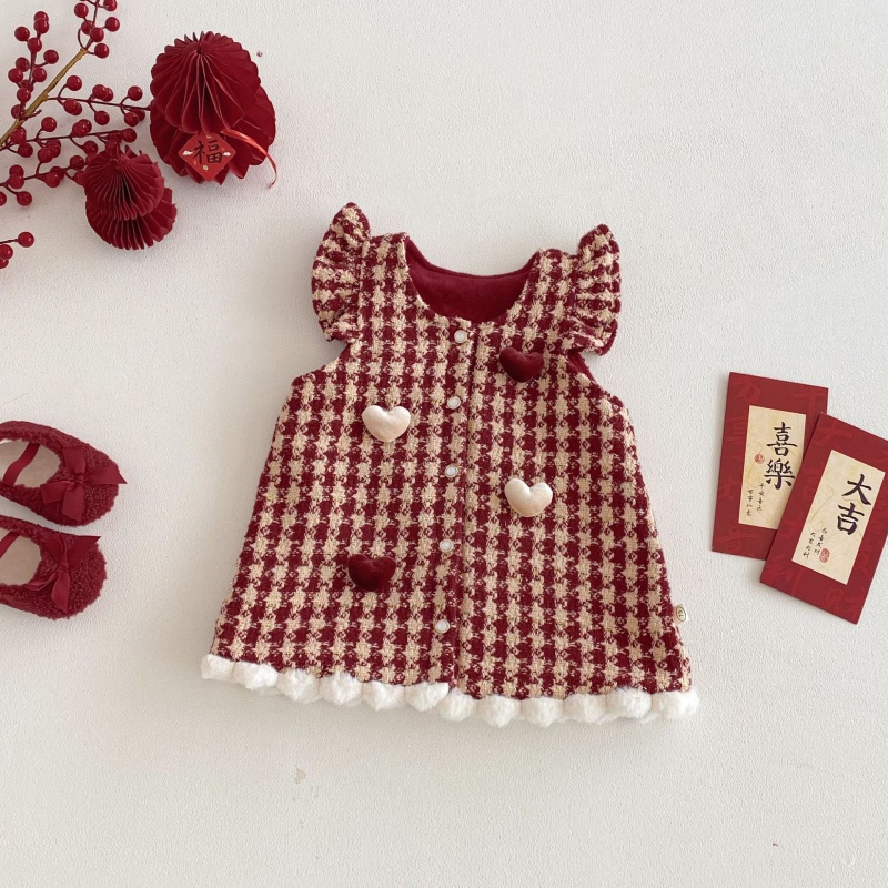 Baby Kids' Girls Christmas Checkered Bird Vest Dress