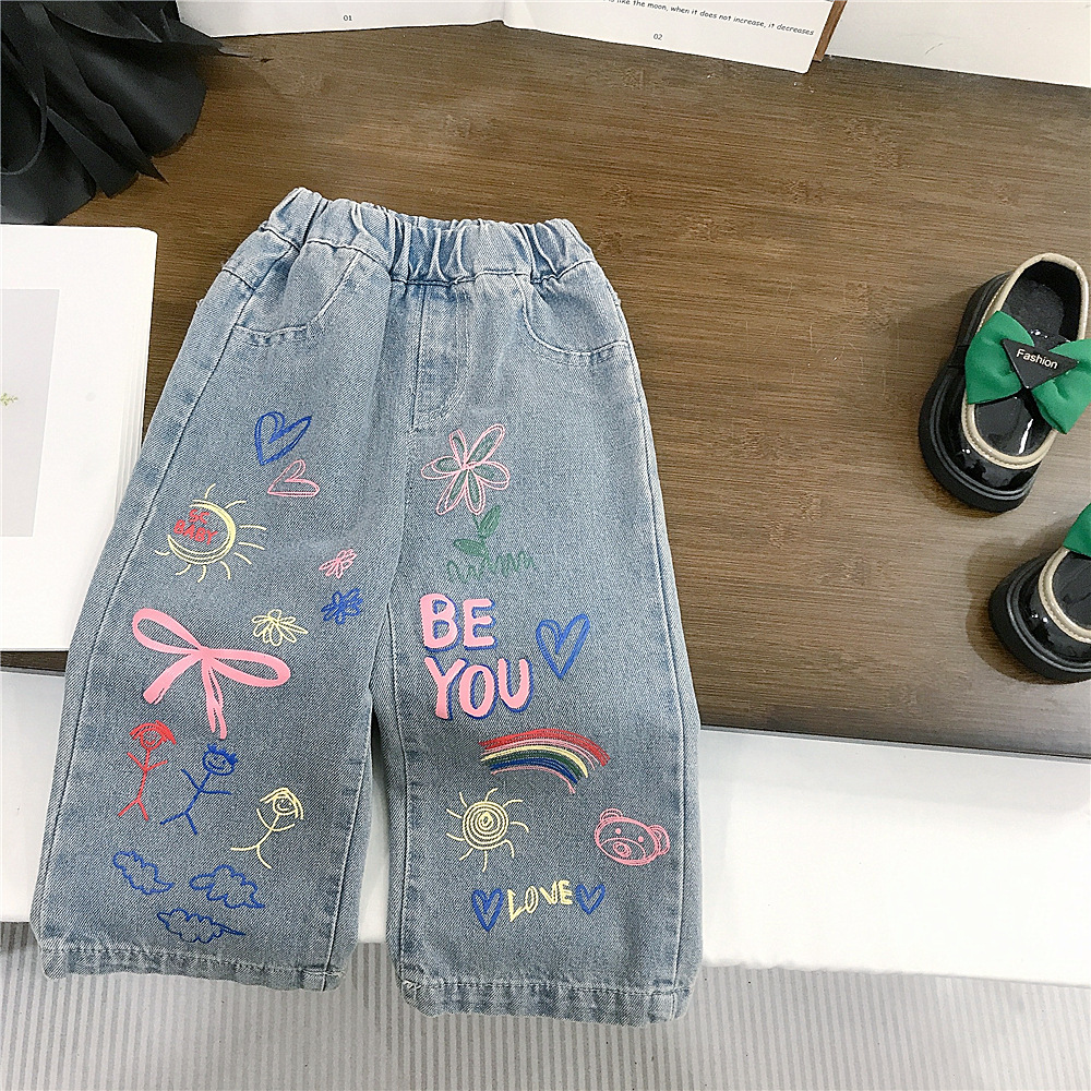 Toddler Kid Girl Denim Blue Flower Bow/Bunny Pants