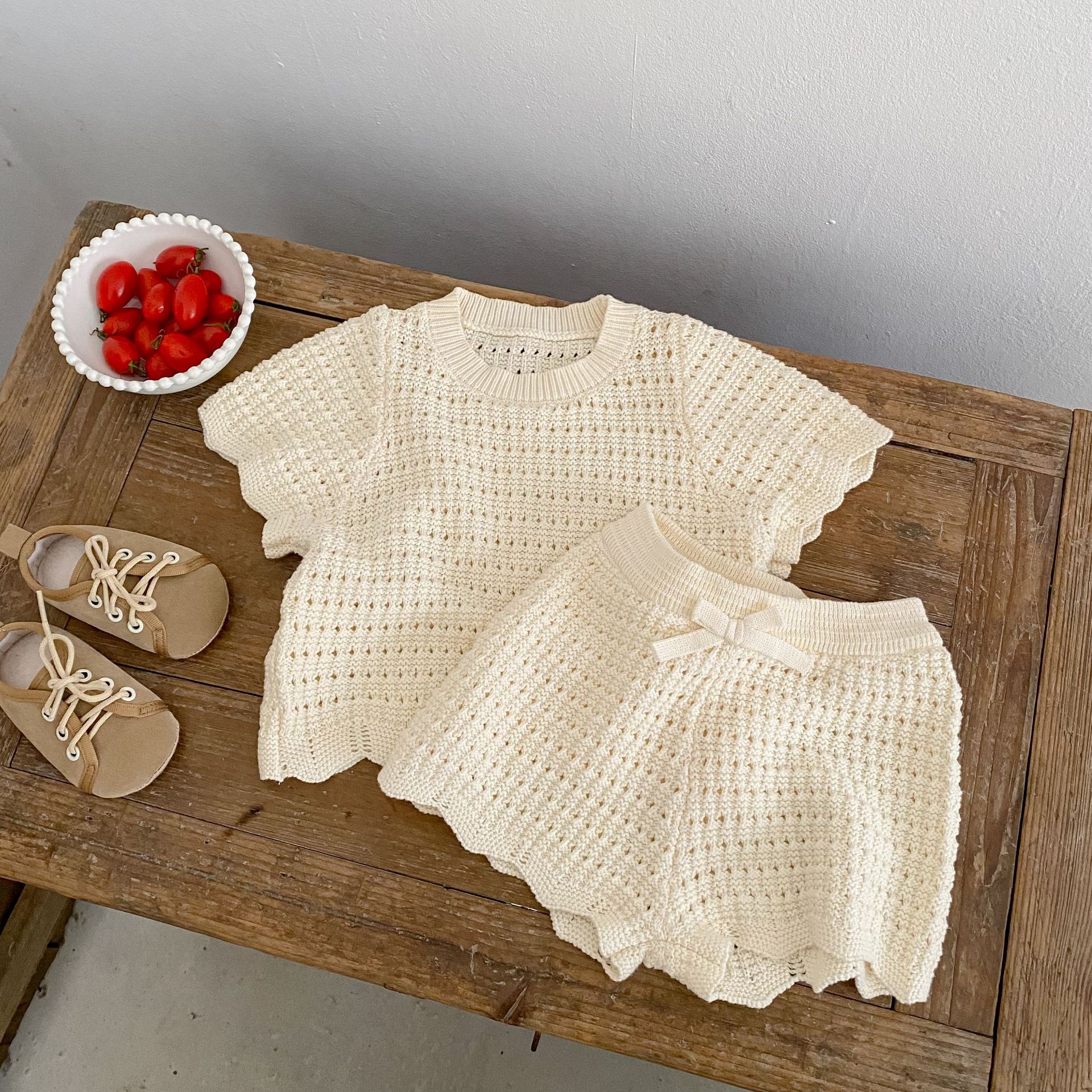 Knitted Bow Tie Short-sleeved Short Pants Set