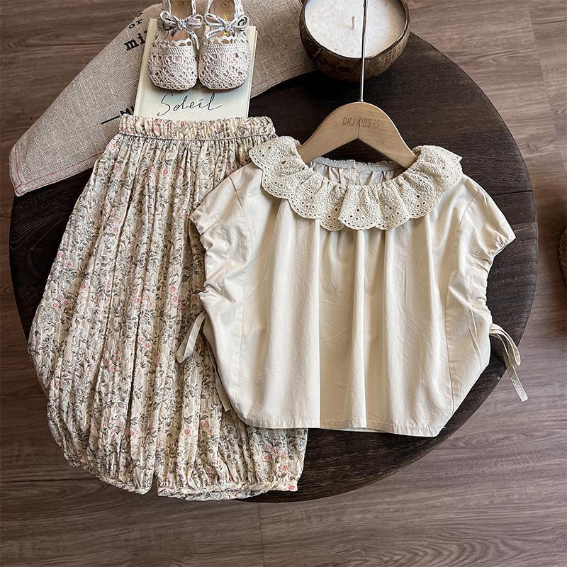 Kids Girl Vintage Floral Lace Collar Top & Pants Set