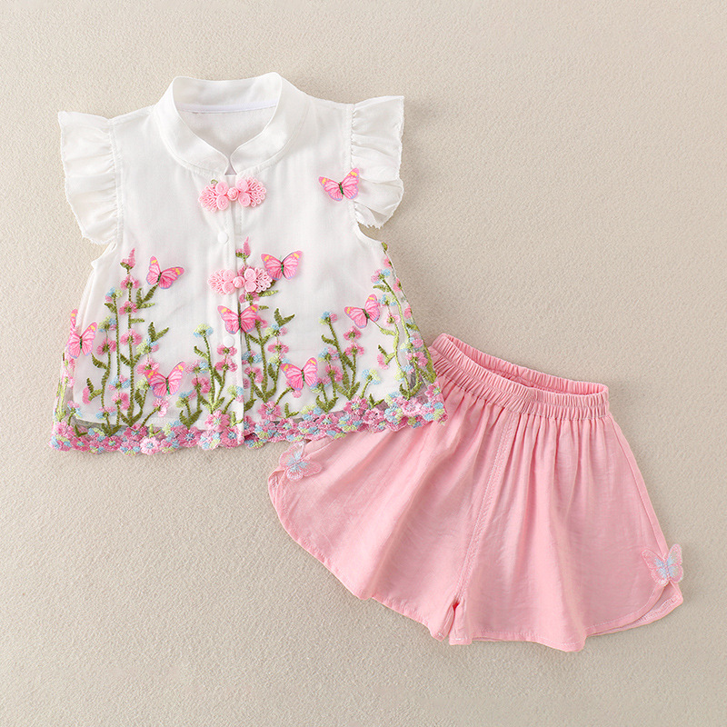 Baby Toddler New Chinese Style Butterfly Flower Top and Pants Set