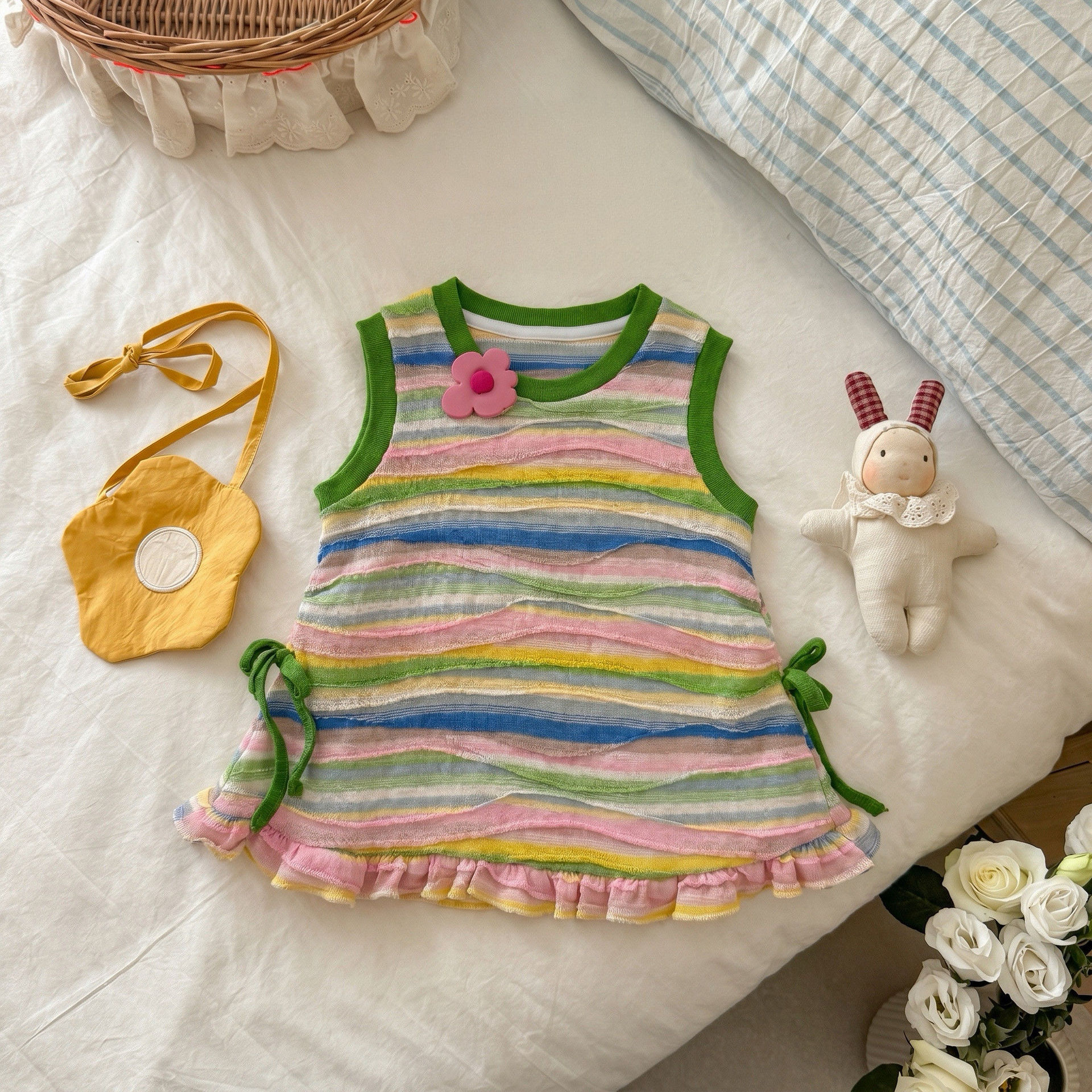 Kids Colorful Stripes Flower Bow Vest Dress