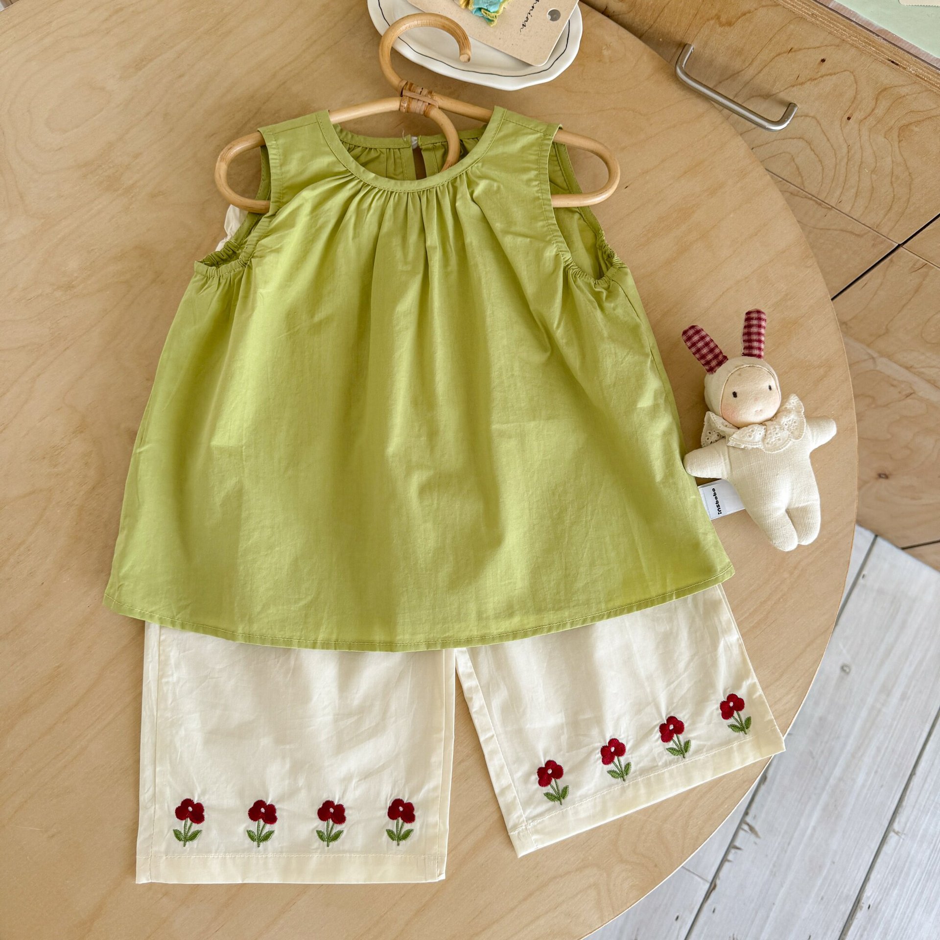 Kids Green Vest Top and Embroidered Flower Pants Set