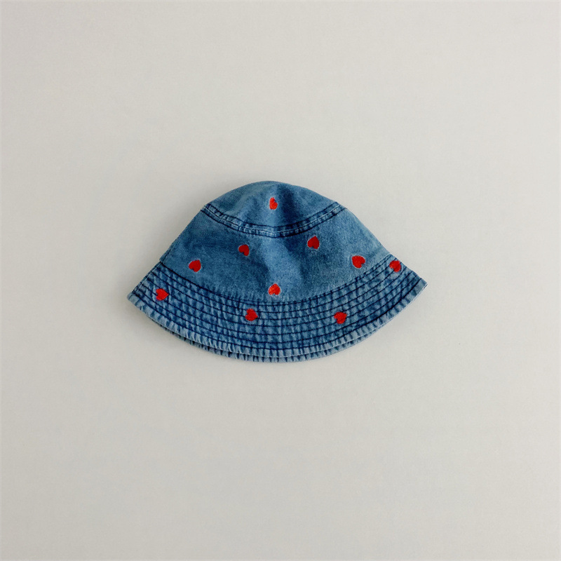Baby Heart Embroidery Flat-Top Denim Bucket Hat