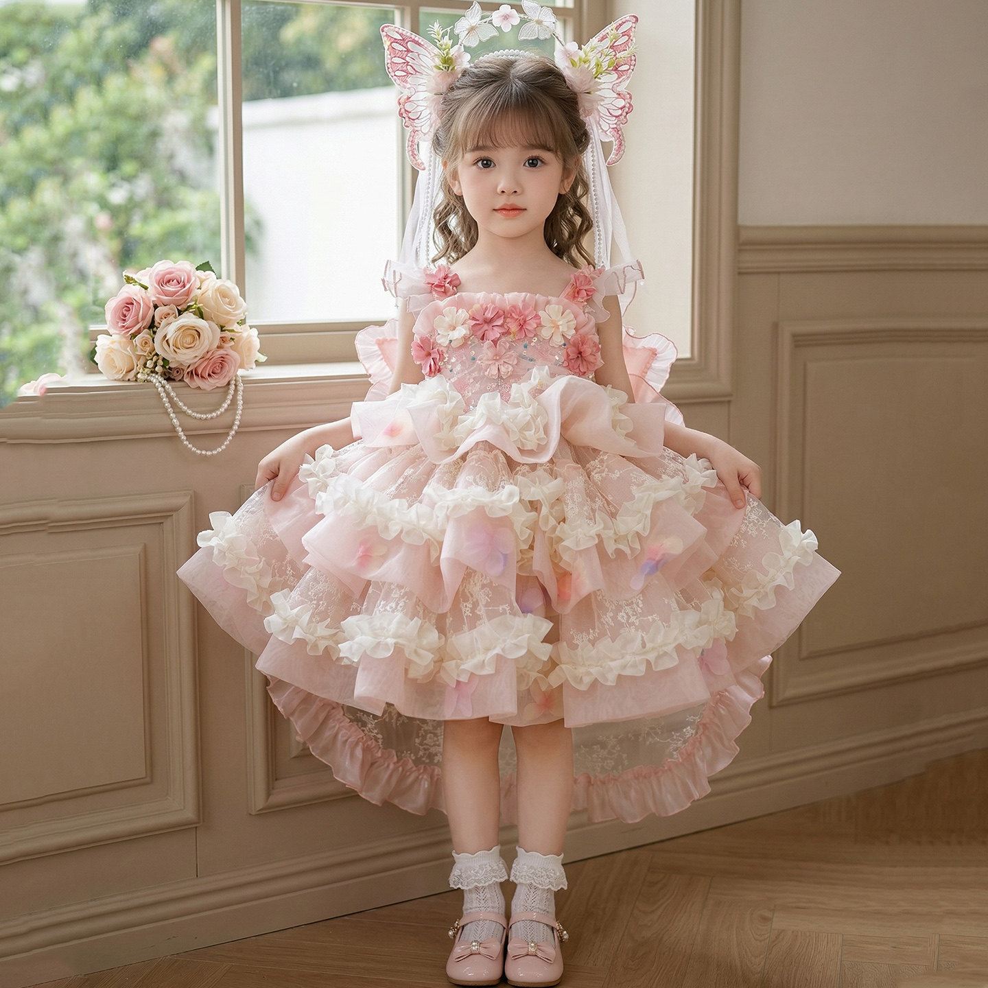 Kids Pink 3D Floral Lace Trim Tiered Tulle Dress