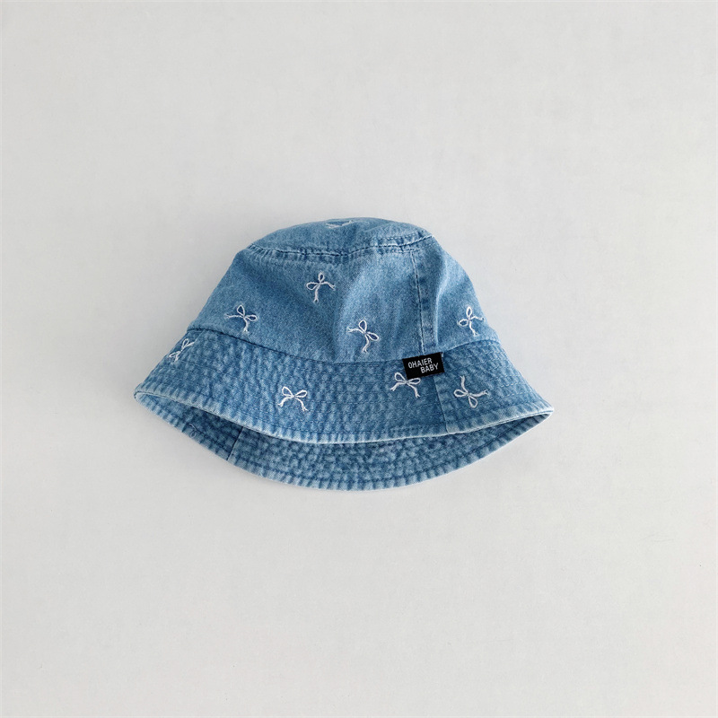 Baby Toddler Bow Embroidery Denim Flat Top Bucket Hat