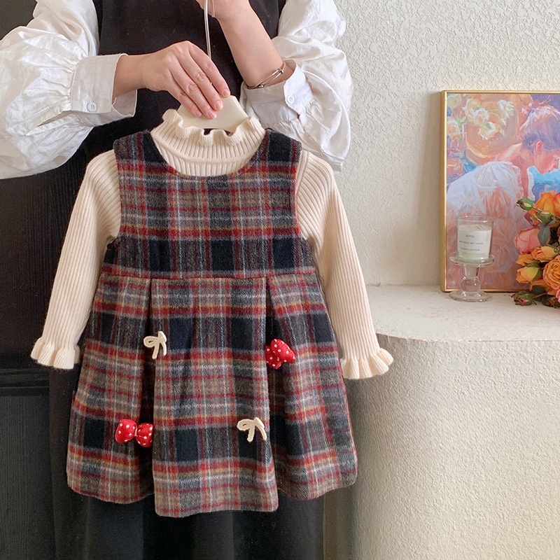 2-Piece Baby Toddler Girls Warm Sweater & Plaid Tank Dress Set