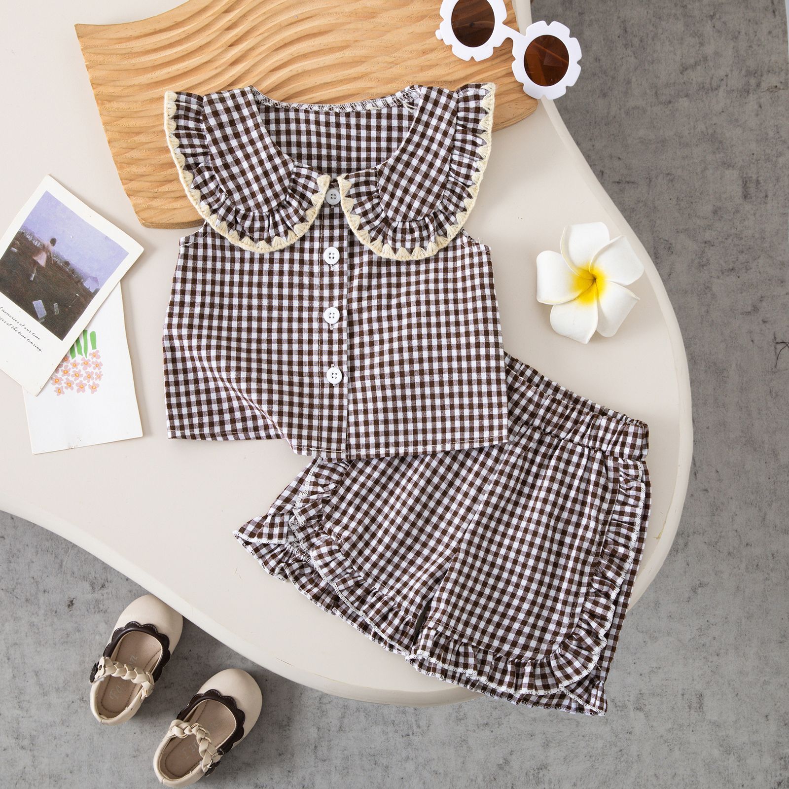 Baby Toddler Checkered Lace Lapel Top and Ruffles Short Pants Set