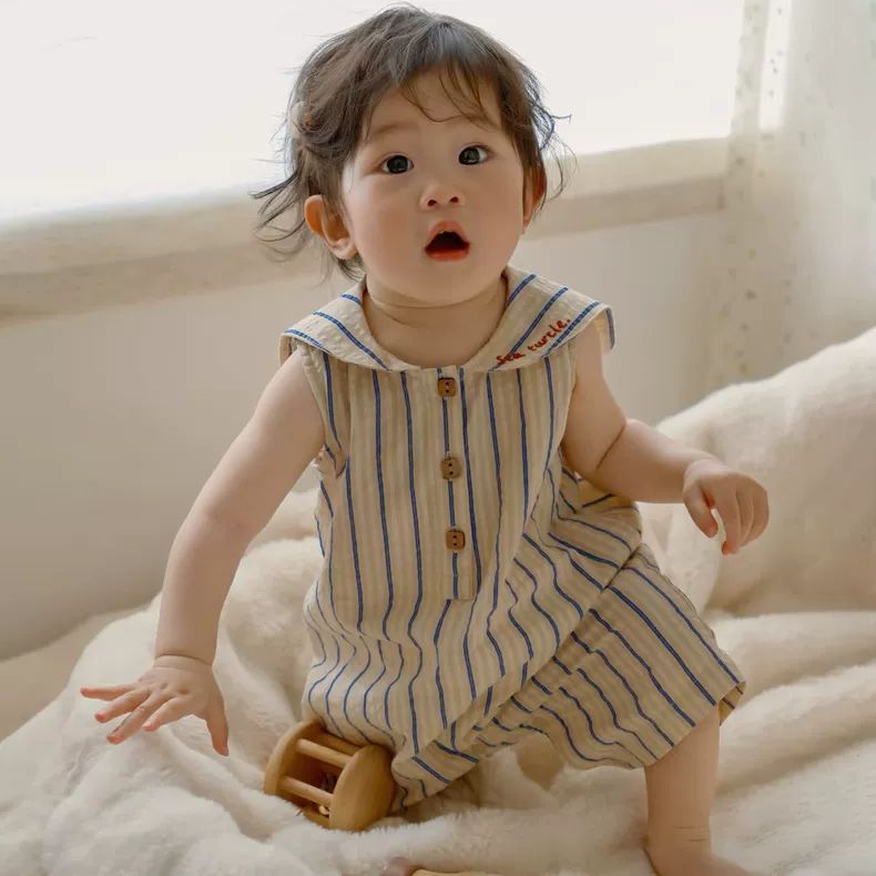Baby Navy Collar Stripes Short Sleeved Onesie