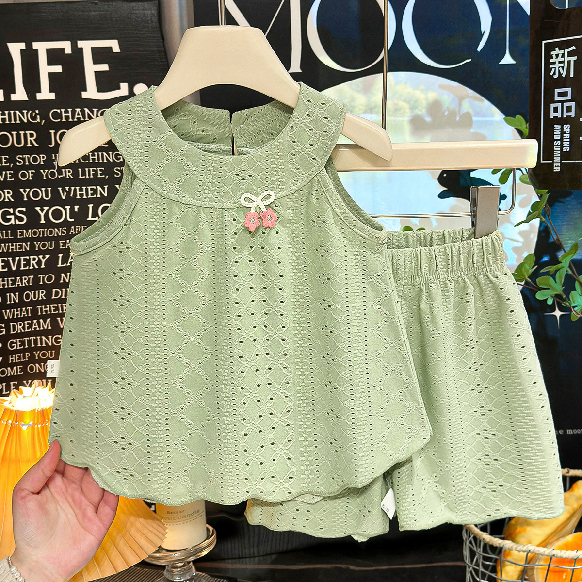 Kids Hollow Out Bow Vest Lace Top and Shorts Set