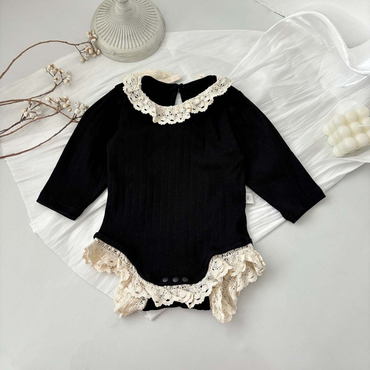 Baby Cut-Out Lace Round Neck Stripe Onesie