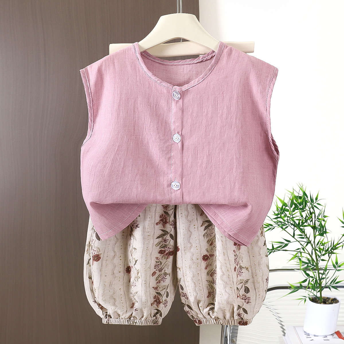Kids Cotton Vest Top and Polka Dot and Floral Stripe Patterns Pants Set
