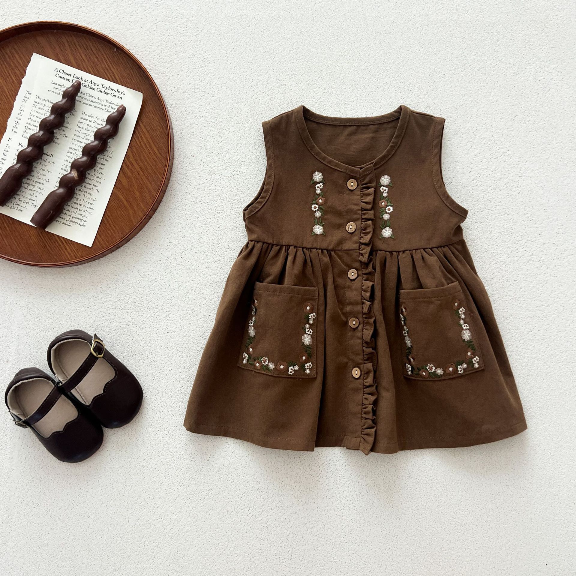 Kids Floral Embroidery Puff Sleeves Top and Vest Dress 2-Piece Set