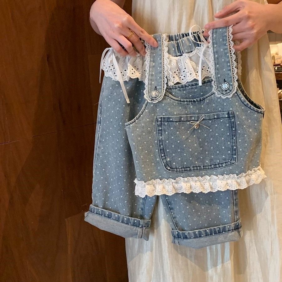 Kids Lace Polka Dots Cami Denim Top and Pants Set