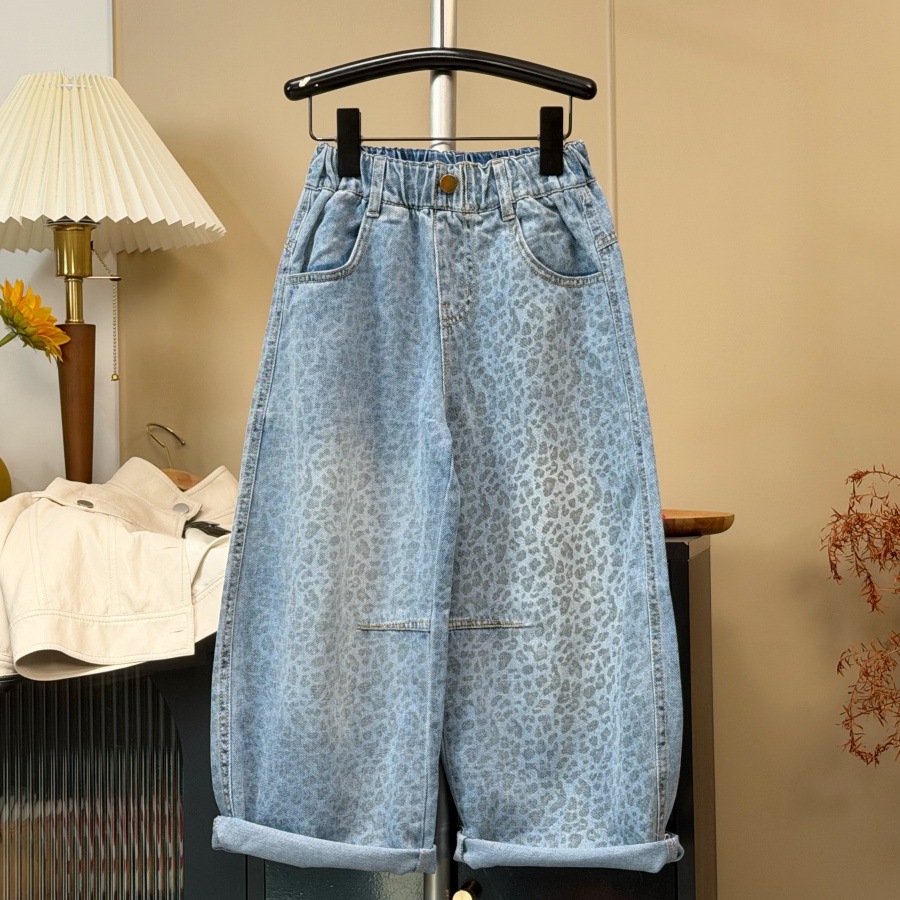 Kids Leopard Print Denim Curved Leg Pants