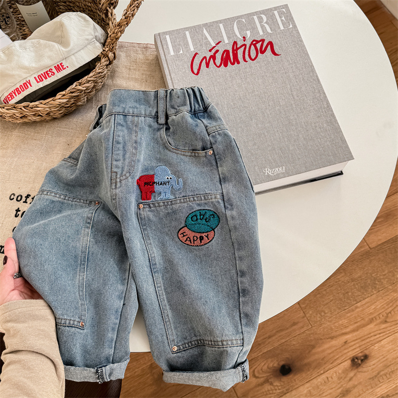 Kids Embroidery Pattern Denim Pants