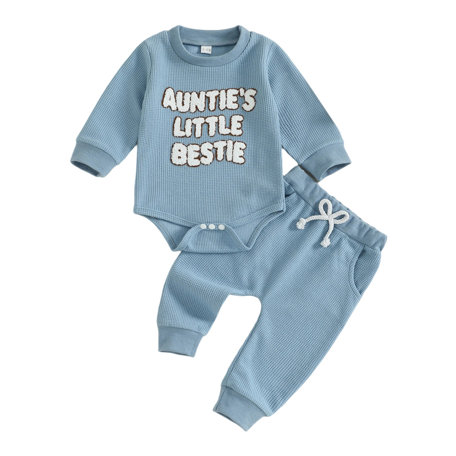 AUNTIE'S LITTLE BESTIE Baby Waffle Embroidery Bodysuit Pants Set