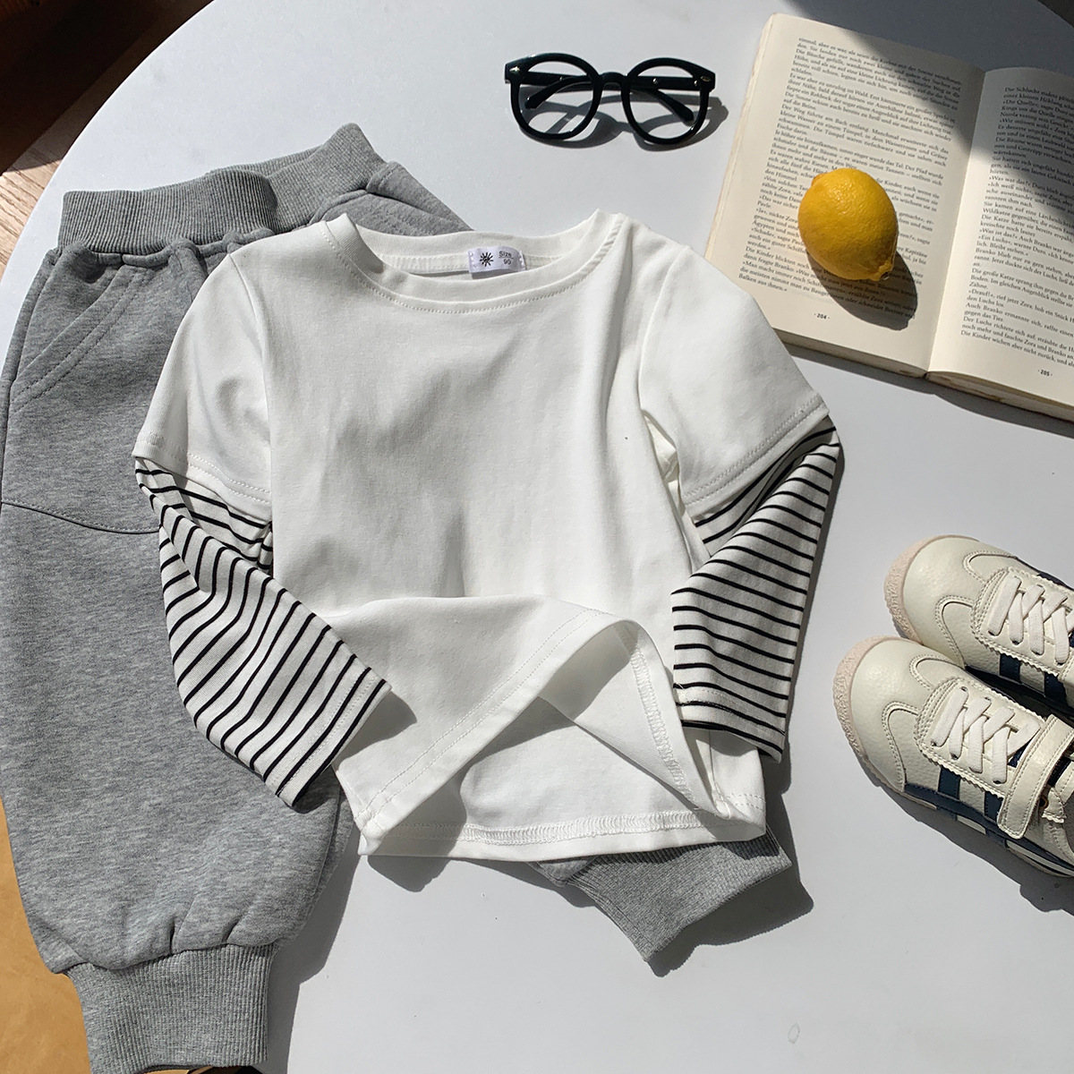 Kids Striped Sleeves Faux Two-Piece T-shirt
