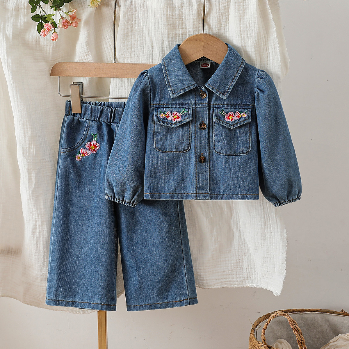 Baby Flower Embroidery Wash Denim 2-piece set