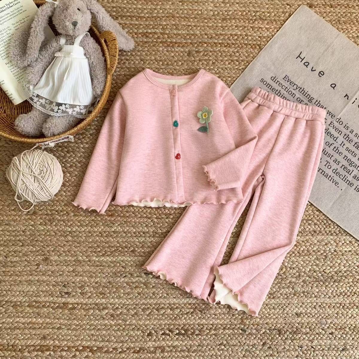 Kids Flower Ruffle Trim Sweater and Pants Set
