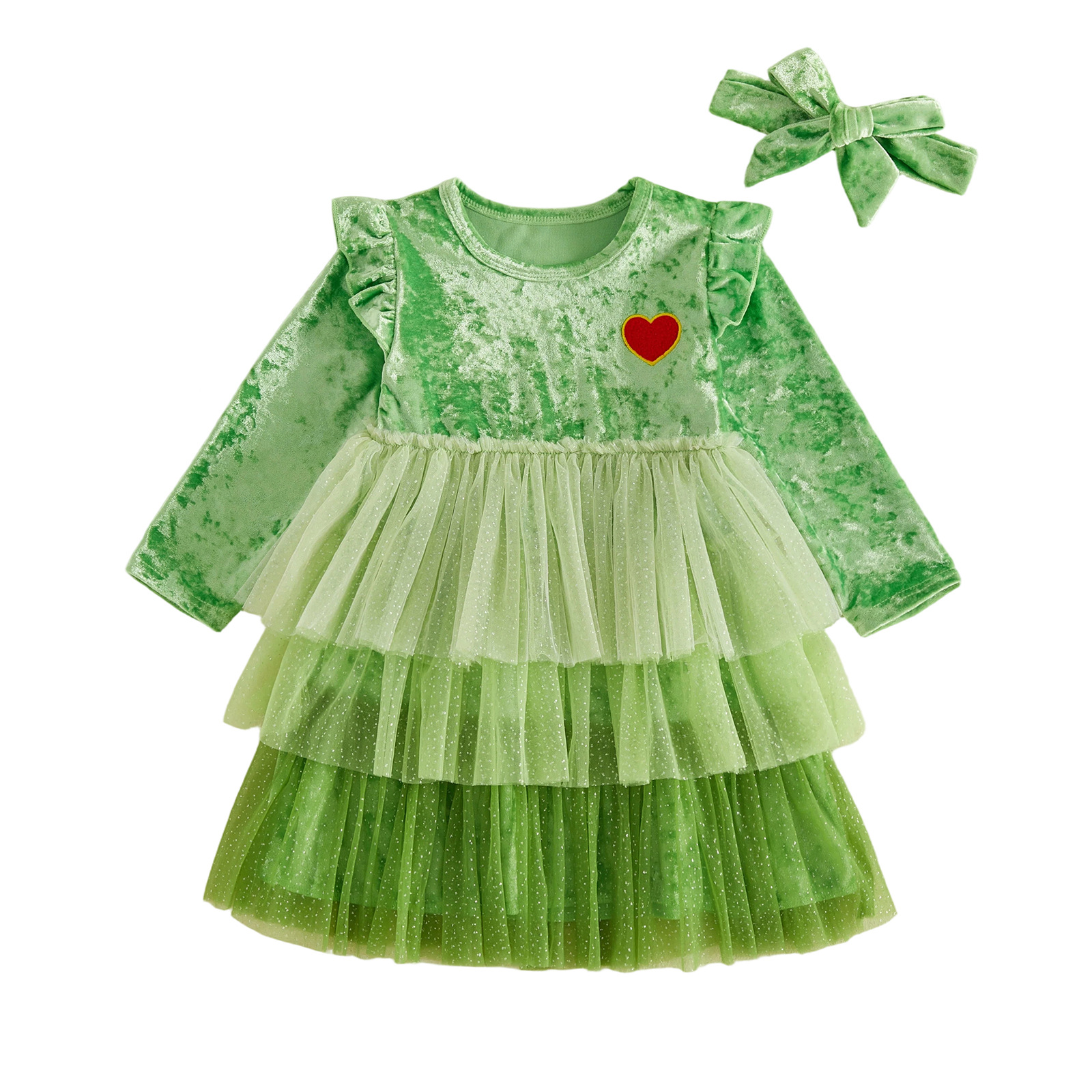 Toddler Christmas Heart Gradient Mesh Dress With Headband