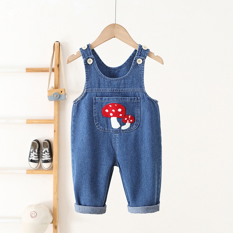 Baby Toddler Mushroom Print Ruffle Denim Overalls