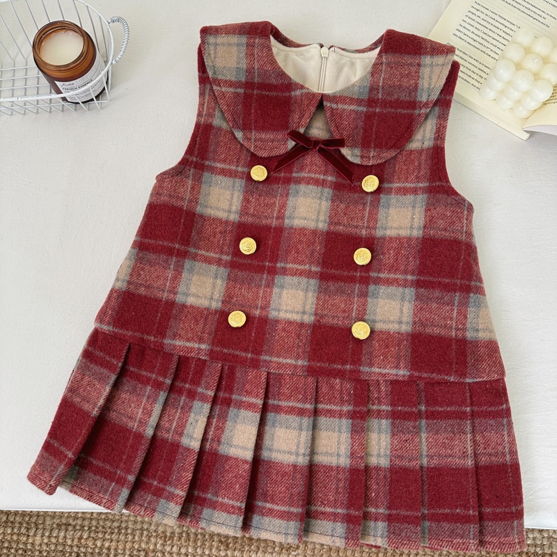 Baby Toddler Girls Double Button Vest Pleated Dress