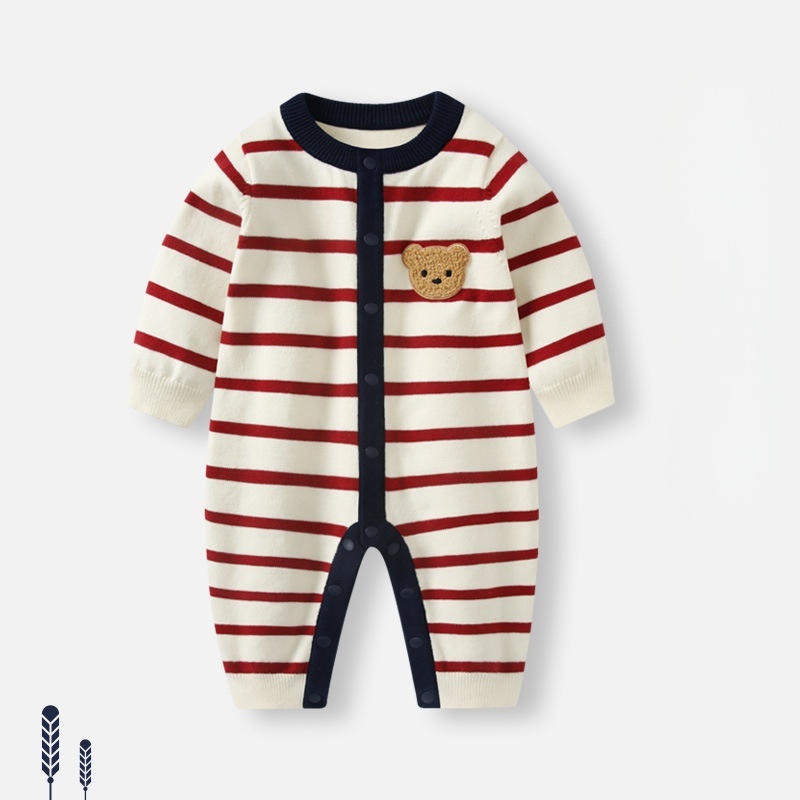 Baby 3D Bear Red Striped Sweater Romper