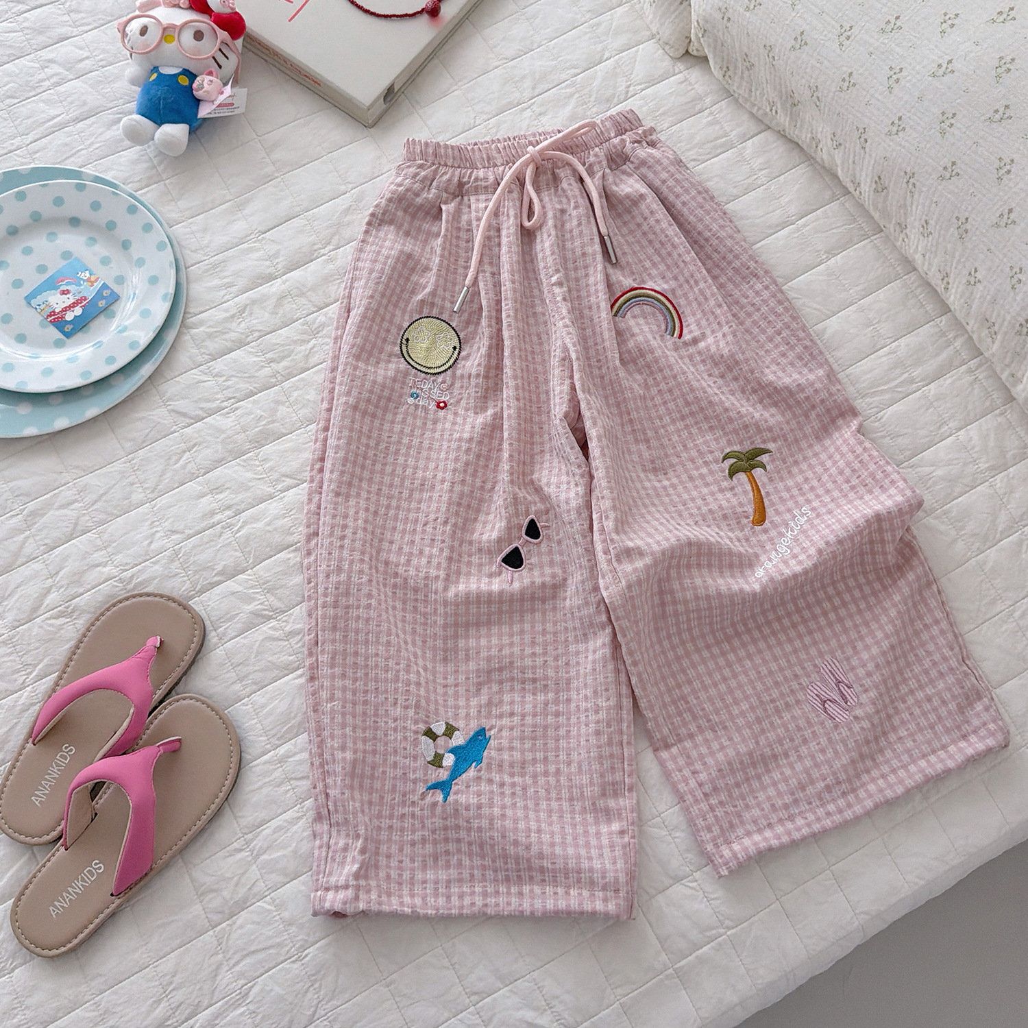 Kids Checkered Beach Style Embroidery Pattern Pants