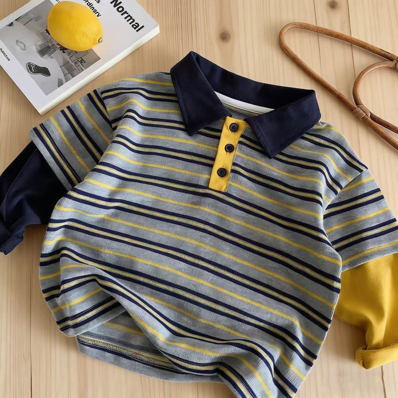 Kids Color Block Striped Faux Two-Piece Polo T-shirt