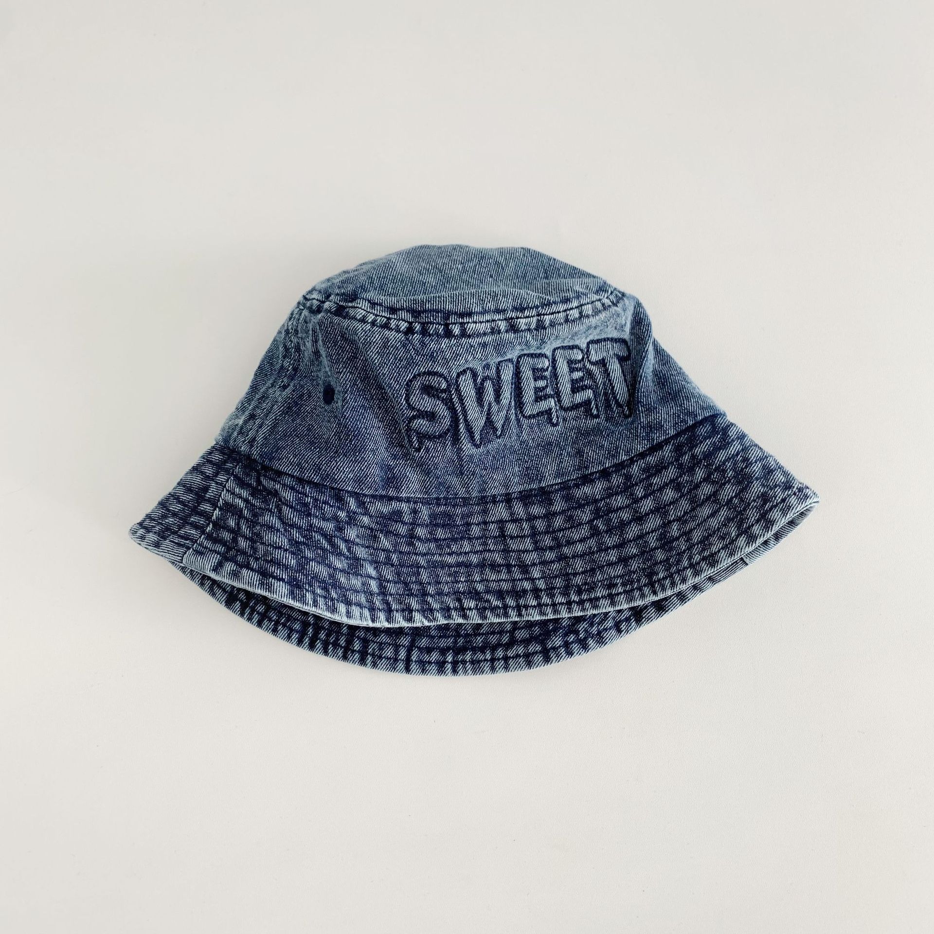 Kids Sweet Embroidery Washed Denim Bucket Hat