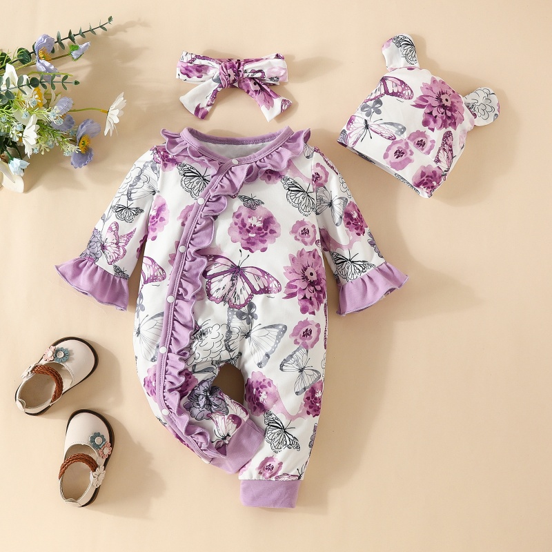 3- Piece Baby Newborn Flower Print Romper Set