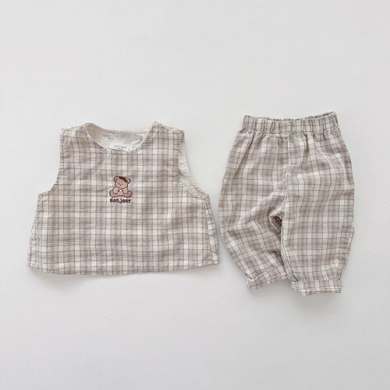 2-Piece Baby Plaid Printed Bear Vest & Pants Set