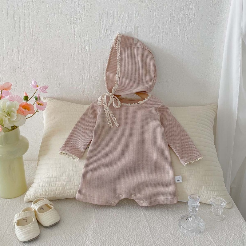 Baby Girl Waffle Lace Romper（Hat Included）