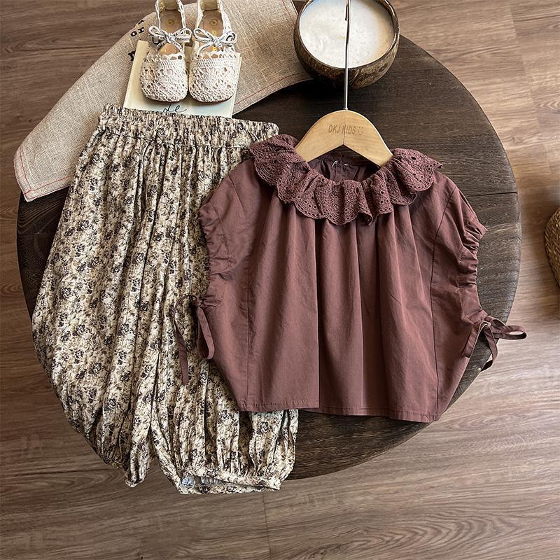 Kids Girl Vintage Floral Lace Collar Top & Pants Set