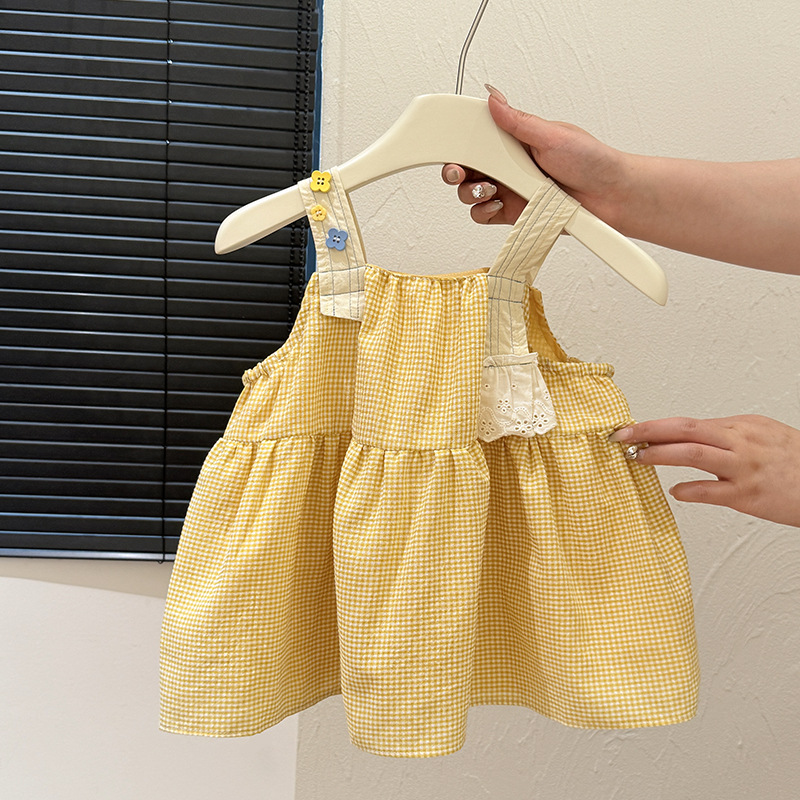 Kids Yellow Chessboard Flower Vest Top and Pants Set
