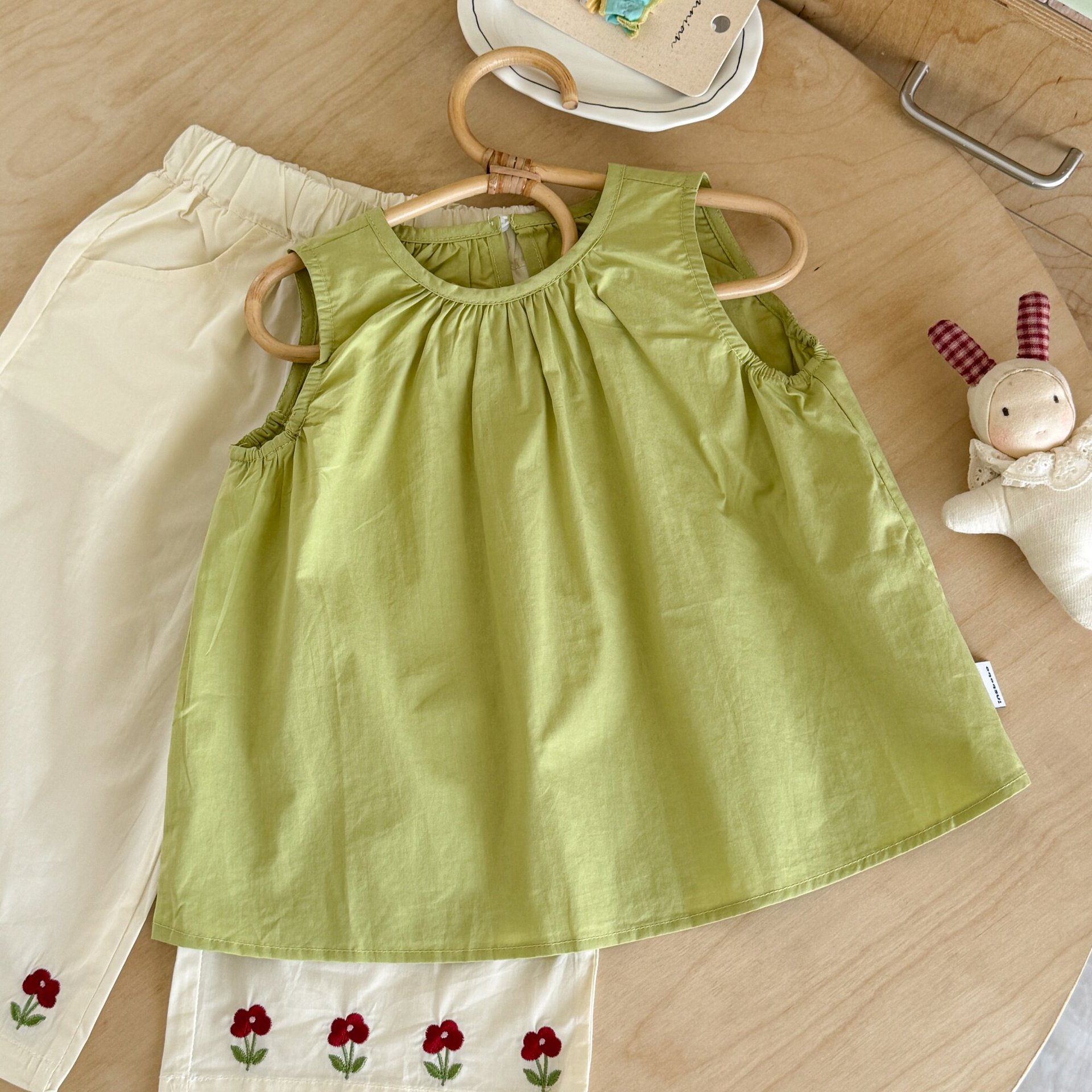 Kids Green Vest Top and Embroidered Flower Pants Set