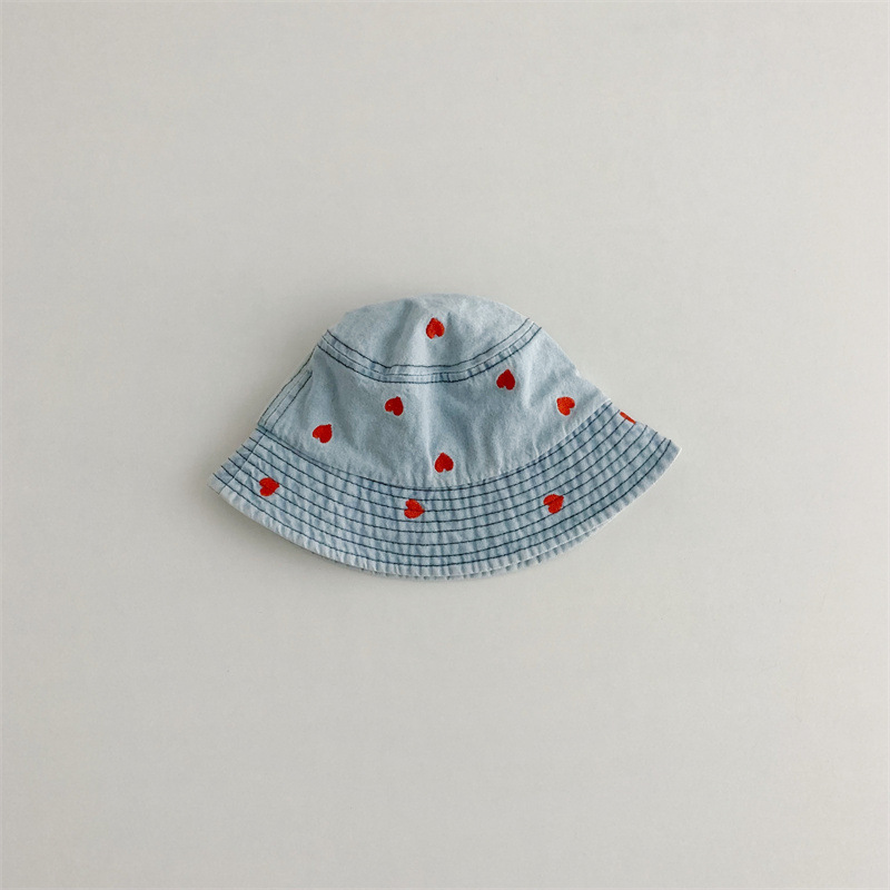 Baby Heart Embroidery Flat-Top Denim Bucket Hat