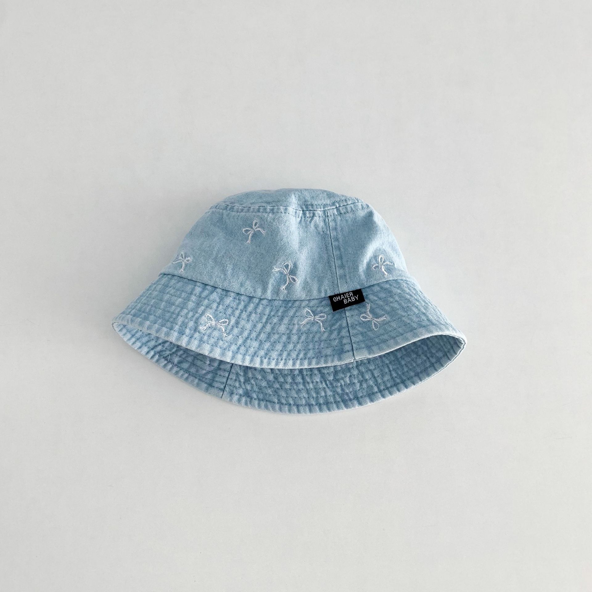 Baby Toddler Bow Embroidery Denim Flat Top Bucket Hat