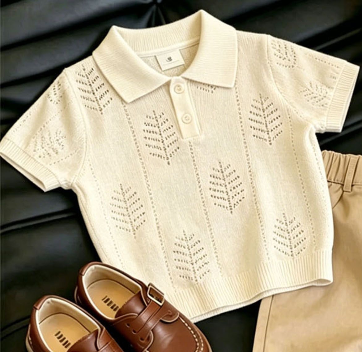Kids Hollow out leaves polo collar Top and Khaki Pants Set