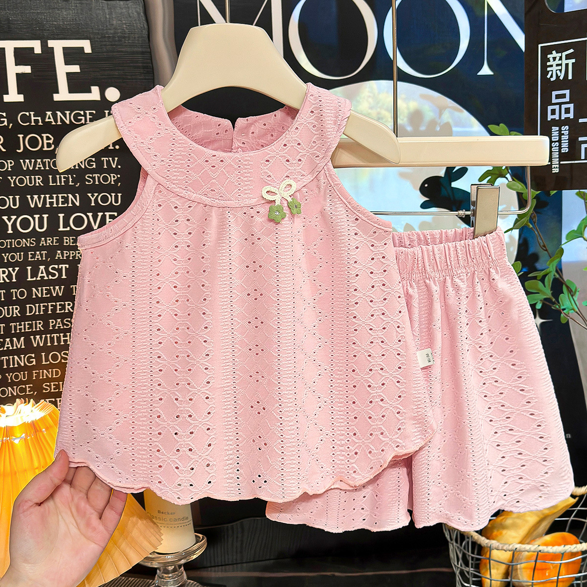 Kids Hollow Out Bow Vest Lace Top and Shorts Set