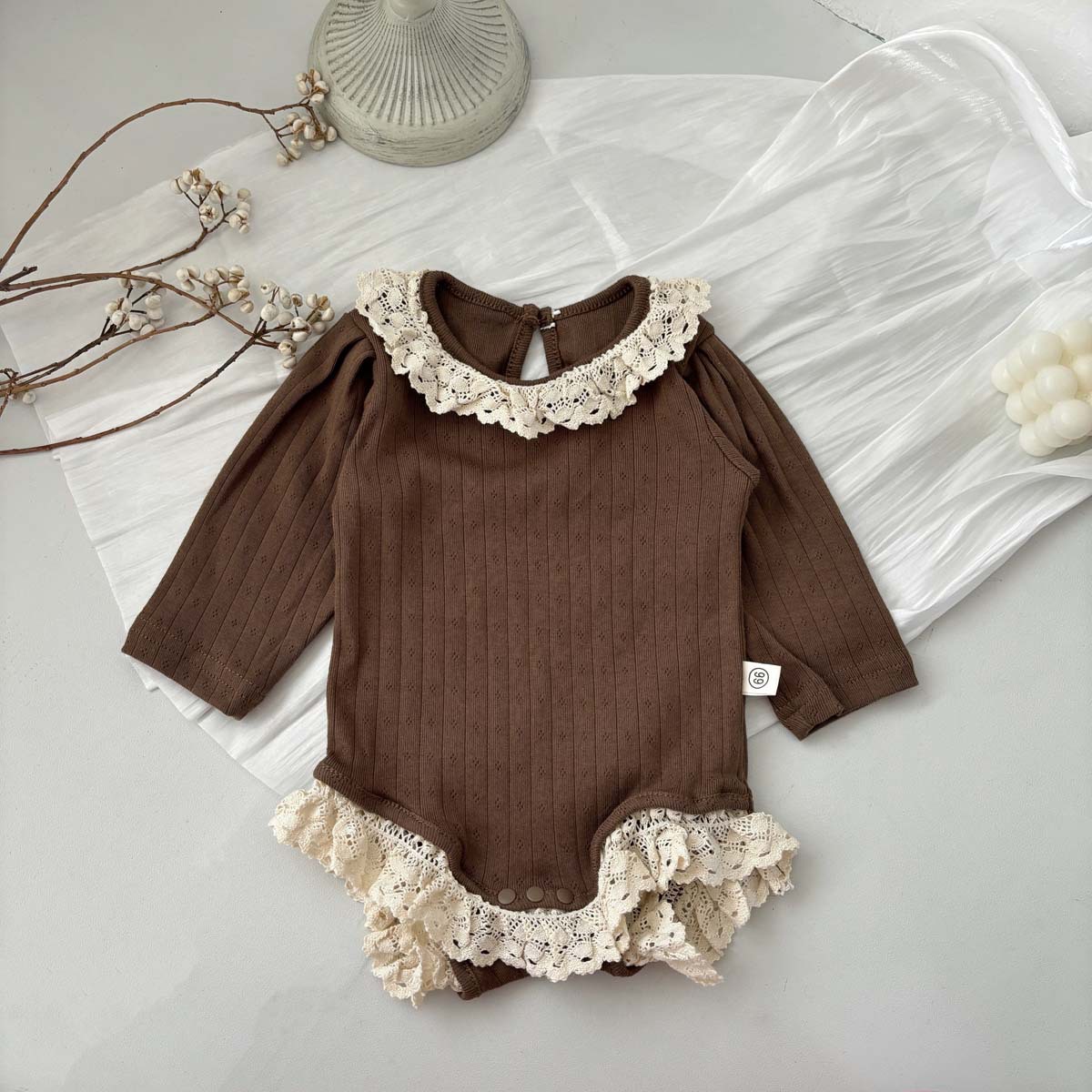 Baby Cut-Out Lace Round Neck Stripe Onesie