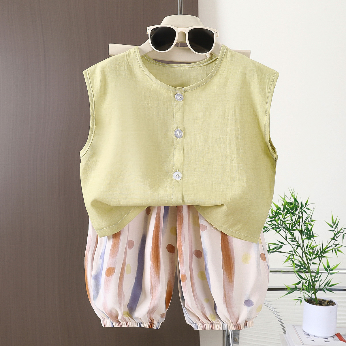 Kids Cotton Vest Top and Polka Dot and Floral Stripe Patterns Pants Set