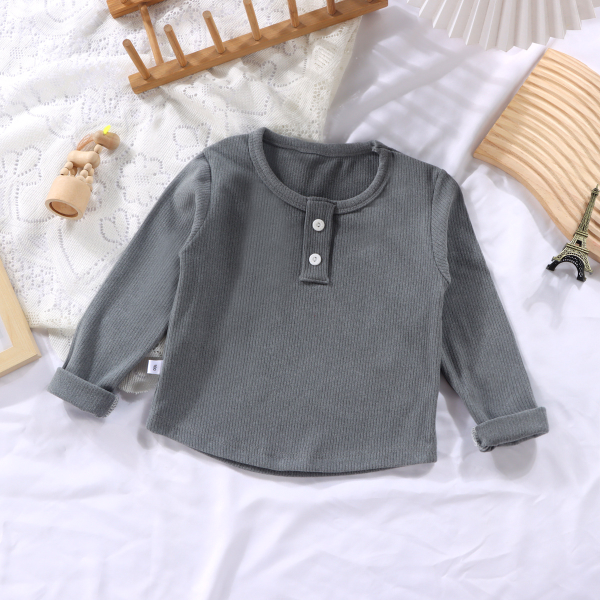 Kids Solid Color Ribbed Crew Neck Base Layer T-shirt