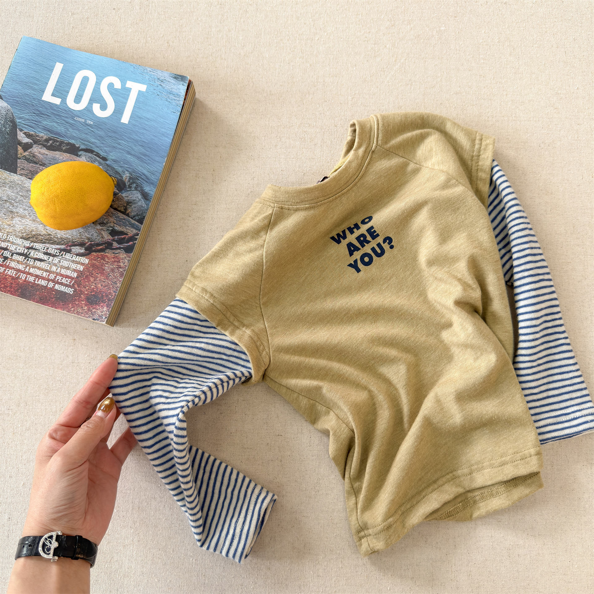 Kids Panelled Striped Sleeves Faux Two-Piece T-shirt