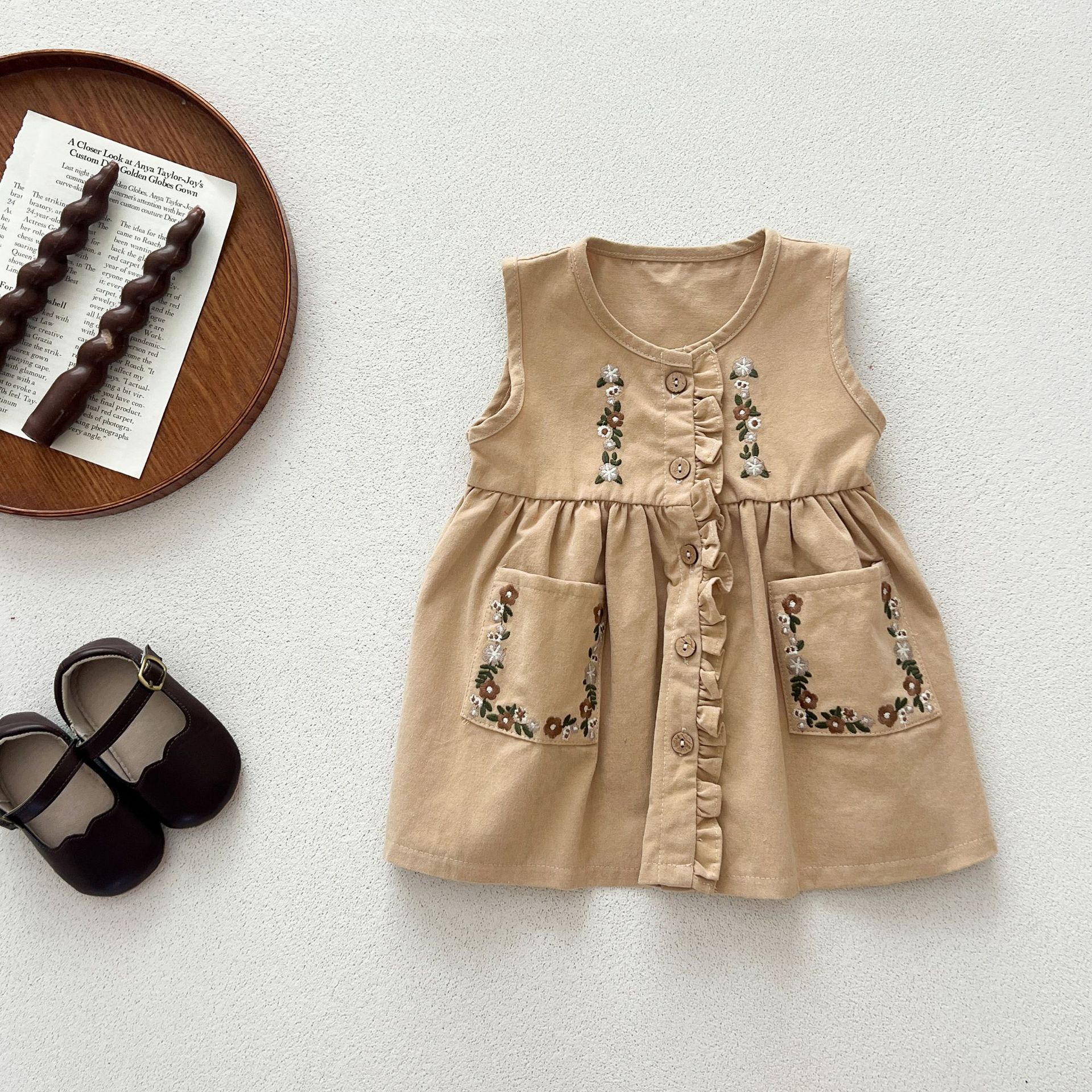 Kids Floral Embroidery Puff Sleeves Top and Vest Dress 2-Piece Set