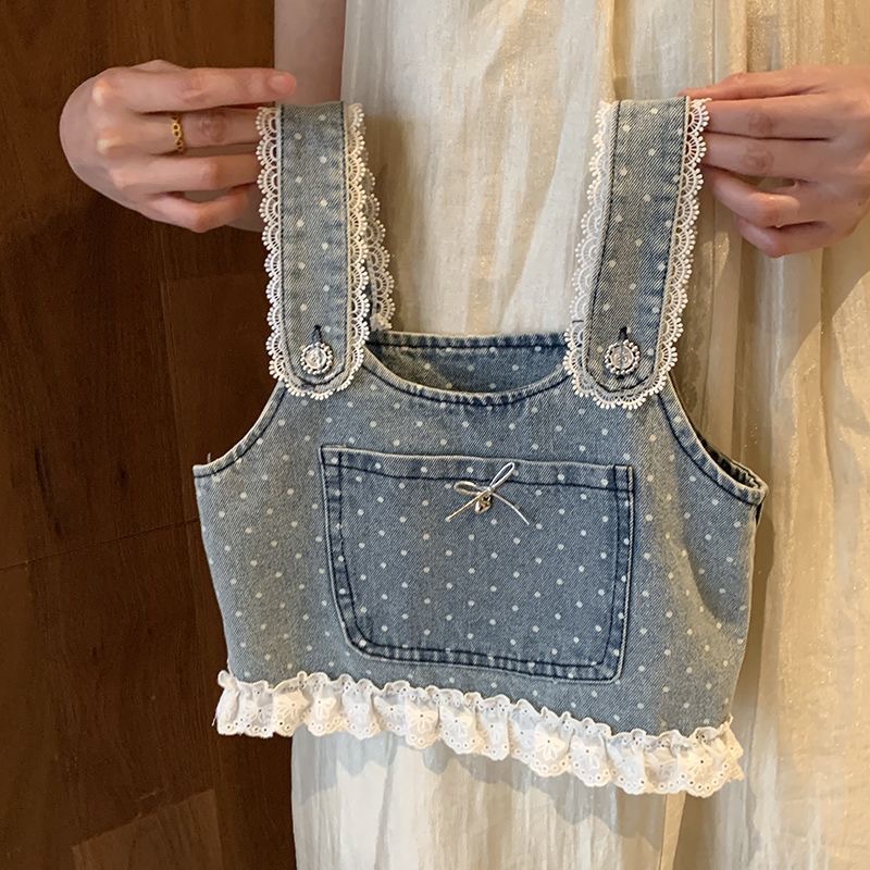 Kids Lace Polka Dots Cami Denim Top and Pants Set