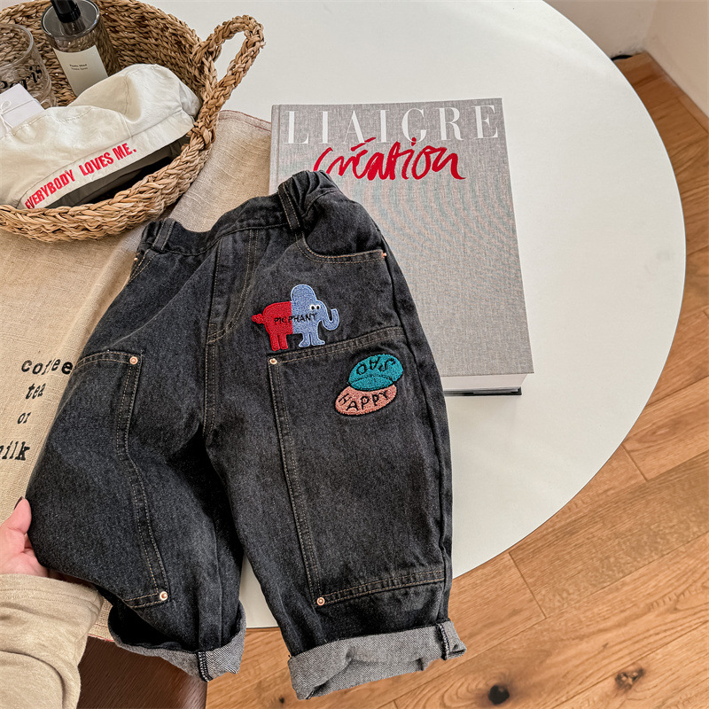 Kids Embroidery Pattern Denim Pants